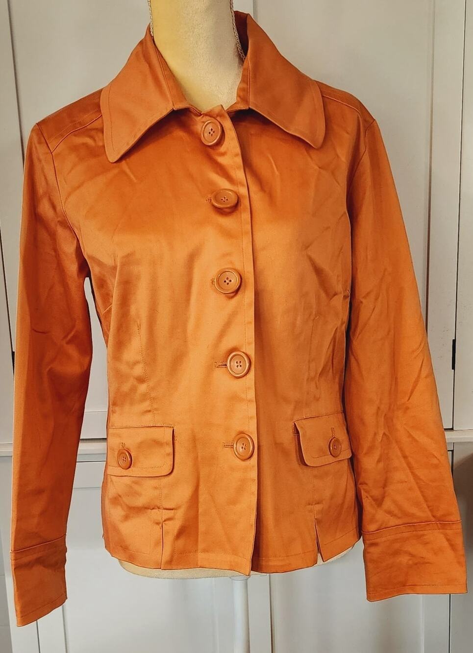 Chico's Women's Large Button Down Orange Blazer Sheen Shacket Size 1